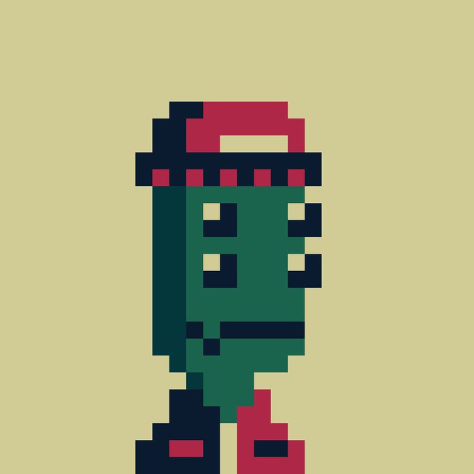 A minimalist pixel art illustration features a blocky, abstract green, dark red, and black character or object against a plain beige background.