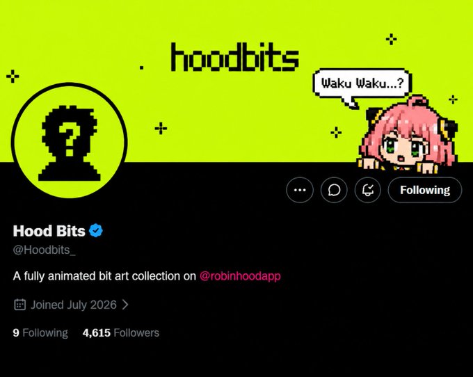 A Twitter/X profile page for 'Hood Bits' (@Hoodbits_), described as 'A fully animated bit art collection on @robinhoodapp,' with 4,615 followers and an Anya Forger pixel art avatar.