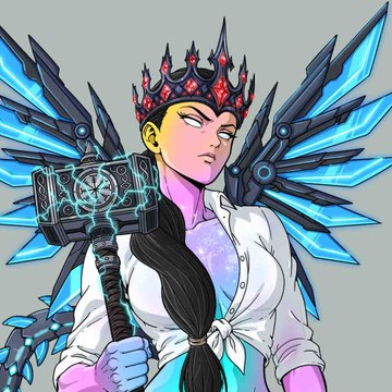 An illustration of a stern woman with a red crystal crown, blue cybernetic wings, and a futuristic hammer, set against a gray background.