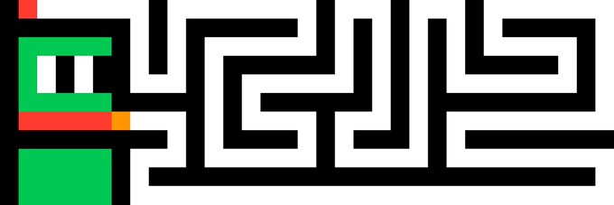A pixel art image featuring a green and red character next to a black and white maze pattern.