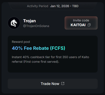 A promo card for 'Trojan' (@TrojanOnSolana) showing an invite code 'KAITOAI', with a '40% Fee Rebate (FCFS)' reward pool and a 'Trade Now' button.