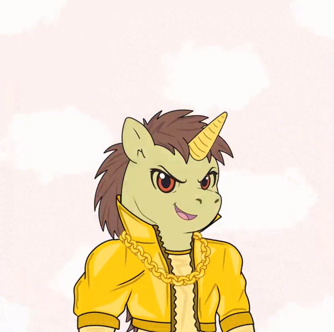 A digital cartoon illustration of an anthropomorphic unicorn character with green skin, brown mane, and a gold chain necklace, wearing a yellow jacket.