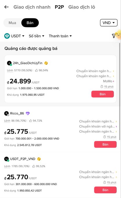 A Vietnamese P2P crypto trading interface showing USDT sell listings in VND from users like 24h_GiaoDichUyTin at 24,899 USDT and Ricco_86 at 25,775 USDT.