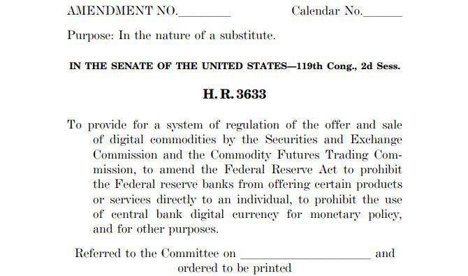 The image shows a Senate amendment document (H.R. 3633, 119th Congress, 2nd Session) titled as a substitute bill focused on regulating digital commodities, amending the Federal Reserve Act to prohibit Federal Reserve banks from offering products directly to individuals, and banning central bank digital currency for monetary policy. This relates to the accompanying post by referencing the proposed "Clarity Act," which aligns with the bill's provisions to restrict the Federal Reserve's role in retail digital currency and establish a regulatory framework for digital assets—though the post's claim about Trump signing the bill or replacing the Fed appears unverified, as the image only depicts an amendment proposal being referred to committee.