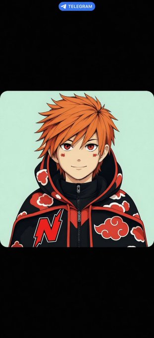 An anime-style illustration features a smiling character with spiky orange hair and red eyes, wearing a black hooded jacket adorned with red cloud patterns and the red Akatsuki 'N' symbol.