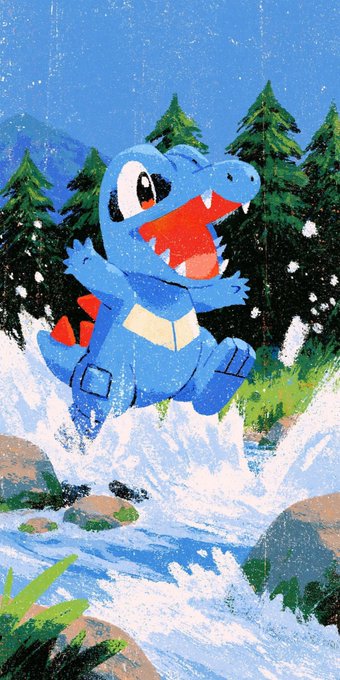 A pixel-art style illustration of a smiling blue crocodilian creature with a red mouth jumping energetically over a splashing stream in a forest setting.