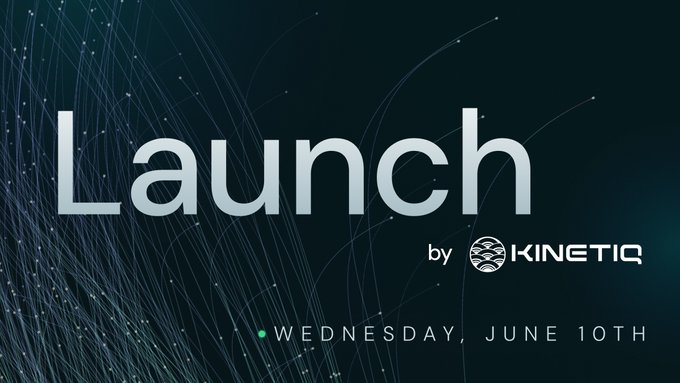 The image features a banner for Kinetiq's launch event that reads "Lunch" with a logo of a circle and lines. The text indicates that this event is happening on Wednesday, June 10th at lunchtime. The website "www.kinetiq.com" is also mentioned in the image.