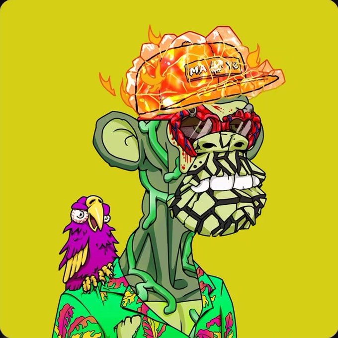 A vibrant cartoon illustration of a zombie-like monkey character with an exposed brain on fire labeled 'MAD LADS', wearing a green floral shirt, with a small purple parrot perched on its shoulder against a yellow background.