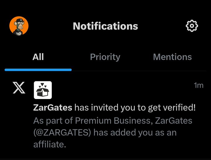 A dark-themed 'Notifications' screen from X (formerly Twitter) showing a notification from 'ZarGates (@ZARGATES)' stating: 'ZarGates has invited you to get verified! As part of Premium Business, ZarGates (@ZARGATES) has added you as an affiliate.'
