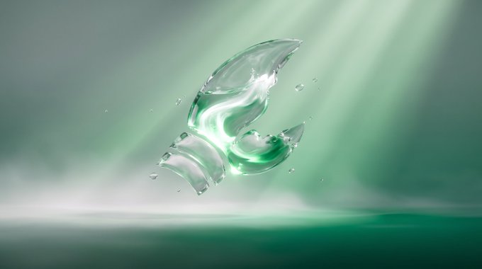 A swirling translucent emerald-green liquid sculpture floats in a spotlight, with water droplets suspended around it. The fluid, dynamic shape evokes Solana's wave-like logo and the flow of capital, visually reinforcing the post's theme of a major week for agentic finance on the Solana network.