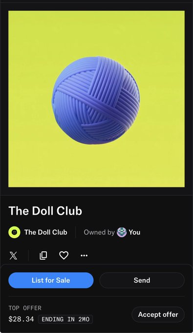 A mobile NFT marketplace listing showing a blue yarn ball titled 'The Doll Club' by 'The Doll Club', with options to 'List for Sale' or 'Send' and a top offer of $28.34.
