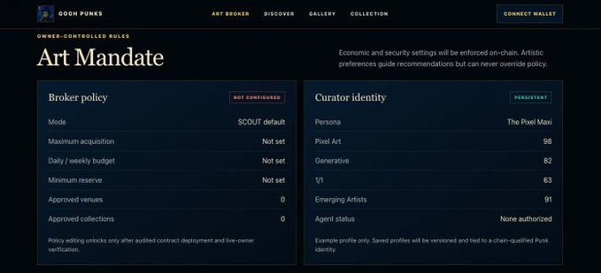 A dark UI screen for 'Ooch Punks' showing an 'Art Mandate' with broker policy settings (Mode: SCOUT default) and a curator identity profile for 'The Pixel Maxi' with stats including Pixel Art: 98 and Generative: 82.