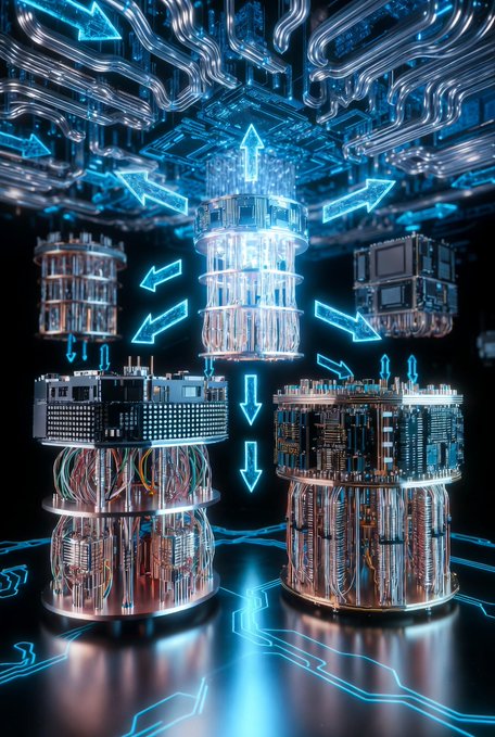 A 3D-rendered image showing multiple server-like cylindrical structures connected by glowing blue arrows in a circuit-board environment, representing data flow or blockchain technology.