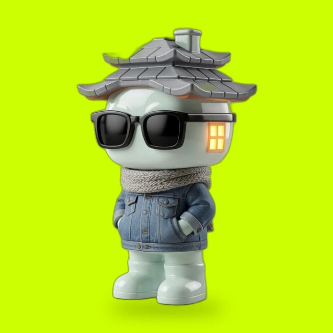 A stylish 3D-rendered mascot with a pagoda-style hat, sunglasses, and a denim jacket poses against a bright green background, fitting the casual "GM" (good morning) crypto-NFT tweet promoting the PonsGuyNFT mascot at its low entry price.