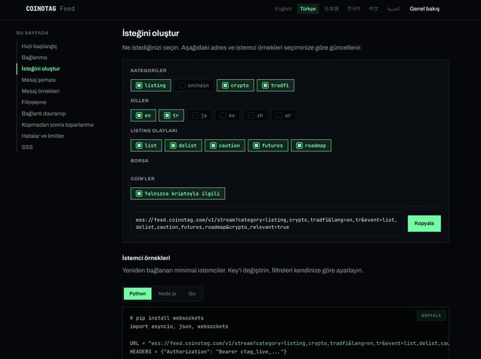 A screenshot of the CoinTag Feed platform in Turkish, showing a page for creating a feed ('İsteğini oluştur') with categories like listing and crypto, languages including English and Turkish, and listing types such as list, delist, and caution.