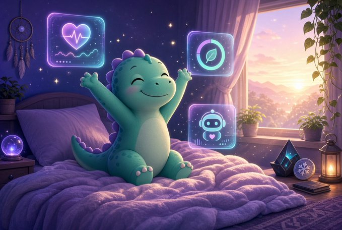 An AI-generated illustration of a cute green cartoon dinosaur sitting on a purple bed in a cozy bedroom, surrounded by floating holographic icons including a heart, leaf, and robot.