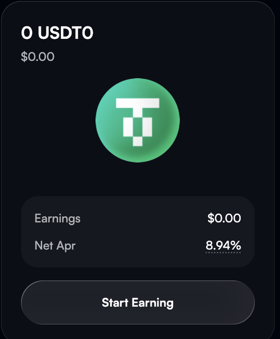 Cryptocurrency wallet interface showing a USDT0 token balance of 0 ($0.00) with a green T logo, earnings of $0.00, Net Apr of 8.94%, and a 'Start Earning' button.