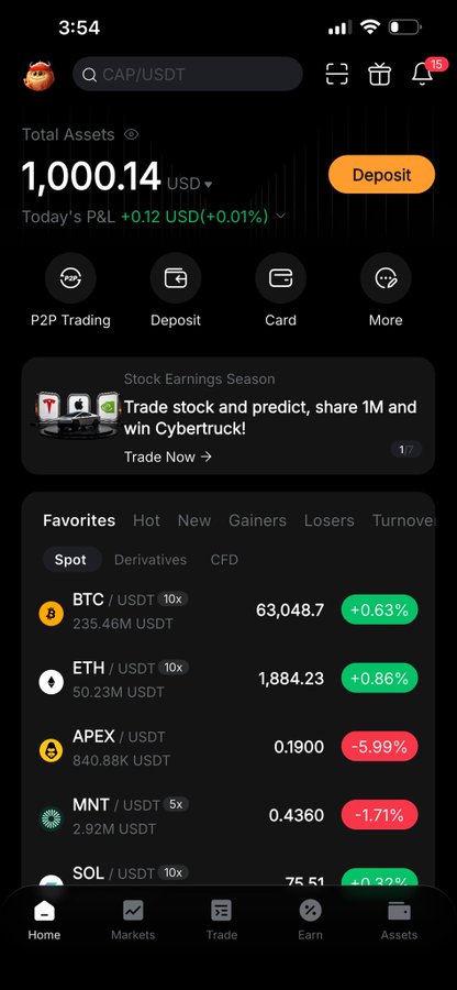 The image shows the Bybit app home screen displaying a total balance of 1,000.14 USD with a positive P&L of +0.12 USD (+0.01%), featuring popular cryptocurrency pairs like BTC/USDT at 63,048.7, ETH/USDT at 1,884.23, and APEX/USDT down 5.99%. The screenshot corresponds with the post about being surprised to find $1,000 in their Bybit account from an unexpected payment received on August 13.
