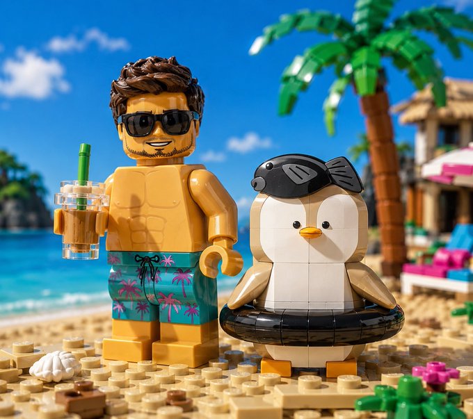 A LEGO-style figurine of a tanned man in sunglasses and floral swim trunks holding a drink, standing next to a penguin on a beach with palm trees.