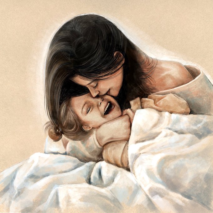 A tender watercolor-style illustration of a dark-haired mother affectionately kissing and embracing her laughing child on a bed with white sheets.