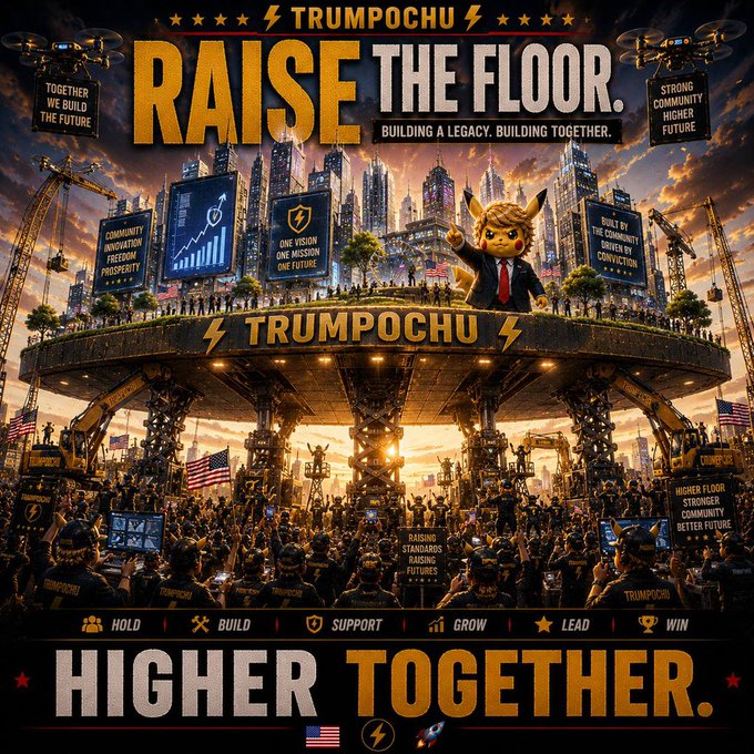 A promotional poster reading 'TRUMPOCHU - RAISE THE FLOOR. BUILDING A LEGACY. BUILDING TOGETHER. HIGHER TOGETHER.' featuring a Pikachu-like character in a suit at a large rally with slogans like 'Hold, Build, Support, Grow, Lead, Win.'
