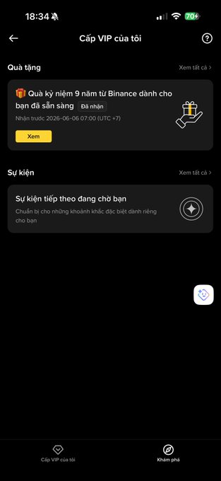 The image shows a phone screen with a message from Binance that reads "I've figured out the 9th anniversary gift section on @binance. Guys, on the homepage, type 'my vip' and then go into that section. Look at the bottom corner, click to explore, and you'll see the gift section." The post is about finding a special gift for someone's 9th birthday using Binance's platform.