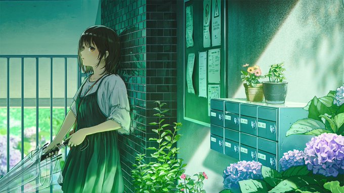 A young woman stands on a sunlit balcony surrounded by hydrangeas, potted plants, and mailboxes, gazing outward in quiet reflection. The serene, hopeful scene complements the post's motivational message about embracing each new day with focus, growth, and positive energy.