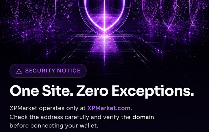 A security notice from XPMarket featuring a futuristic purple shield graphic, warning users that "XPMarket operates only at XPMarket.com" and urging them to verify the domain before connecting their wallets to avoid impersonators and fake giveaways.