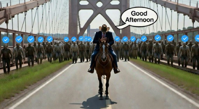 A cowboy in a suit rides a horse across a bridge, leading an army of zombies marked with blue checkmarks, with a speech bubble declaring "Good Afternoon." The image pairs with the post's message "Afternoon gain / Just say Hey / We follow you," using the checkmarks and affirming greeting to humorously represent positive market momentum and a welcoming community.