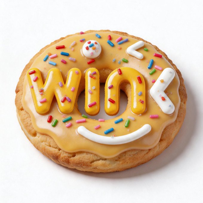 A glazed donut decorated with colorful sprinkles, a small dollop of cream, and the word 'WIN' spelled out in yellow and white icing.