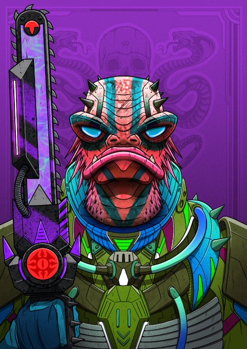 A colorful illustration of a blue and red cyberpunk-styled alien or monster character with glowing blue eyes, holding a large chainsaw weapon against a purple background with tentacle motifs.