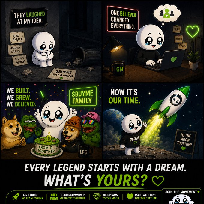 A four-panel crypto meme featuring a sad ghost-like mascot labeled "$BUYME" that transforms from being mocked to launching a rocket, with text reading "EVERY LEGEND STARTS WITH A DREAM. WHAT'S YOURS?" and tags including "FAIR LAUNCH," "STRONG COMMUNITY," and "TO THE MOON."