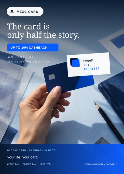 Advertisement for 'MEXC CARD' promoting up to 10% cashback on a blue credit card, emphasizing 'PROOF NOT PROMISES' and global card features.