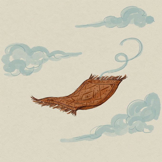 An illustration of a brown patterned magic carpet with fringed edges flying through pale blue watercolor clouds against a cream background.