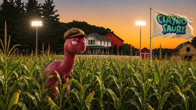 A pink cartoon dinosaur wearing a cap stands in a cornfield at sunset, with a flag reading "CLAYNO SAURZ" and a farmhouse in the background.