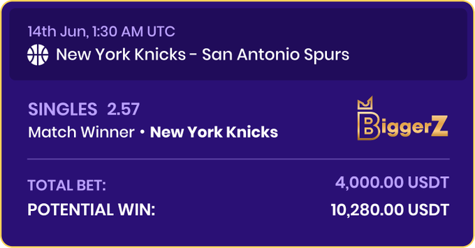 The image shows a purple card with white text that displays information about a basketball game between the New York Knicks and San Antonio Spurs. The card includes details such as the teams' names, their respective home venues, and the time of the game. It also provides potential winnings for those who participate in the game. The post is titled "14th June 1:30 AM UTC New York Knicks - San Antonio Spurs", indicating that it was posted on 14th June at 1:30 am.