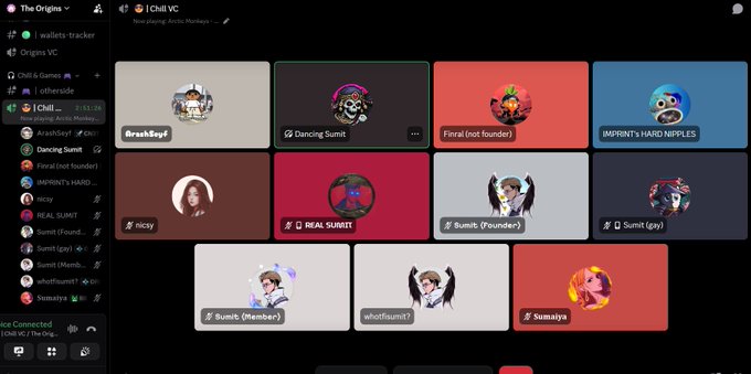 A Discord interface for 'The Origins' server showing a voice channel called 'I Chill VC' where a user named 'ArashSayf' is playing 'Arctic Monkeys', with visible members like Dancing Sumit, Finral, nicy, Sumit (Founder), and Sumaiya.
