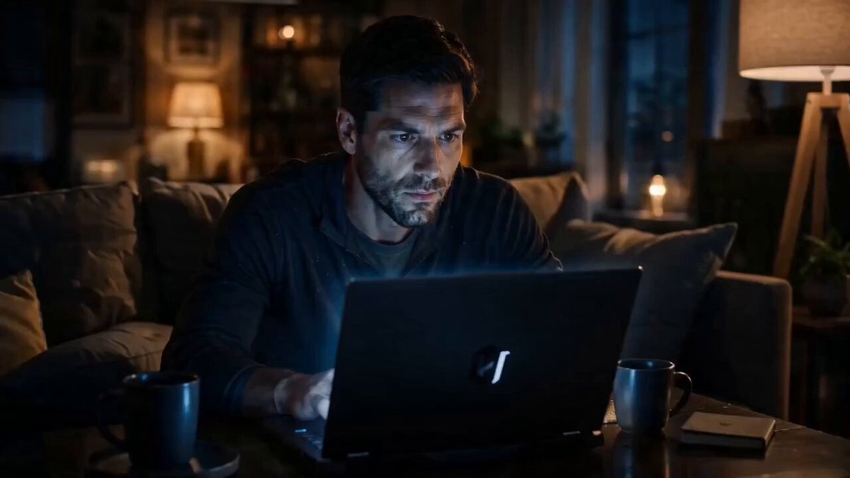 The image shows a man sitting at a table with his laptop open in front of him, likely working or playing a game. The room has a couch against one wall and several potted plants placed around the space. There are also two cups on the table next to the laptop. The scene suggests that the man is engaged in an activity involving the laptop while enjoying some beverages from the cups.