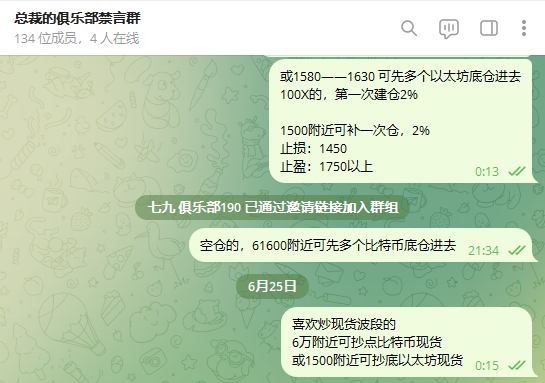 The image shows a WeChat group chat titled "总我的俱乐部禁言群" (134 members, 4 online) where a crypto trading advisor posts recommendations to buy Bitcoin spot around 61,600 and Ethereum (大火炉) around 1,500 at 21:34, followed by a June 25th message confirming bottom-fishing calls at 60,000 and 1,500 levels—directly supporting the post's claim of profitable BTC and ETH entry recommendations made during that day's drop.