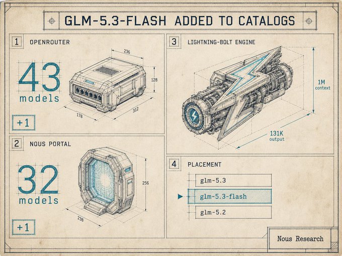 A blueprint-style technical illustration from Nous Research announces that "GLM-5.3-FLASH ADDED TO CATALOGS," showing the model now available across OpenRouter (43 models, +1) and Nous Portal (32 models, +1). The graphic highlights GLM-5.3-flash's specs via a "Lightning-Bolt Engine" featuring 1M context window and 131K output, with its placement slotted between glm-5.3 and glm-5.2, serving as a free alternative option now that Ox Alpha's free period has ended.