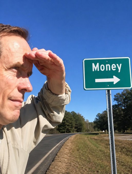 A man in a tan jacket shields his eyes as he looks toward a green highway sign that reads 'Money' with an arrow pointing right.