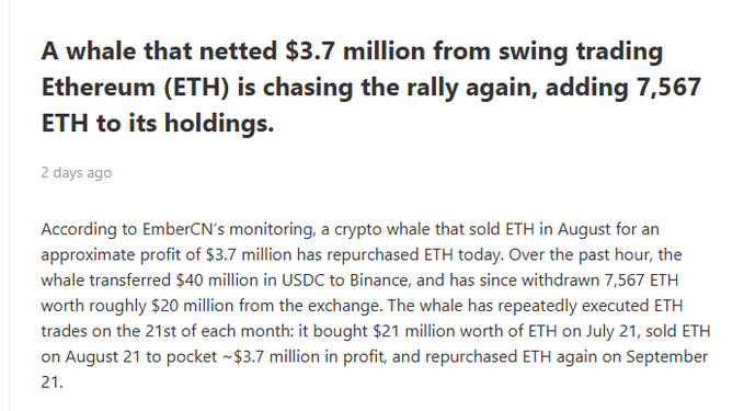 News article headline: 'A whale that netted $3.7 million from swing trading Ethereum (ETH) is chasing the rally again, adding 7,567 ETH to its holdings.'