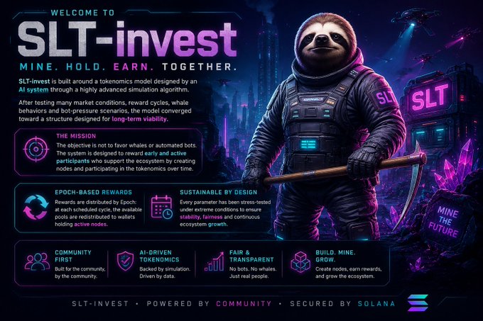 A promotional graphic for "SLT-invest" featuring a sloth astronaut in a spacesuit holding a pickaxe, surrounded by neon purple and blue cosmic imagery and text highlighting its mission: "Mine. Hold. Earn. Together." Key features listed include Epoch-based rewards, sustainability by design, community-first approach, AI-driven tokenomics, and fair & transparent operations, with the tagline "Mine to the future" and "Powered by Community • Secured by Solana" at the bottom. The image aligns with the post by visually presenting SLT's pre-launch preparation phase as a futuristic mining protocol being constructed beneath the Solana ecosystem.
