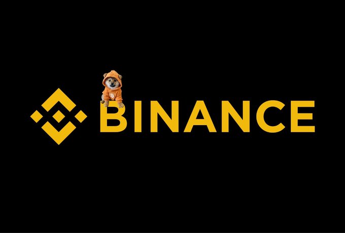 The Binance logo in yellow text with a Shiba Inu dog wearing a hoodie placed on top of the letter 'I'.