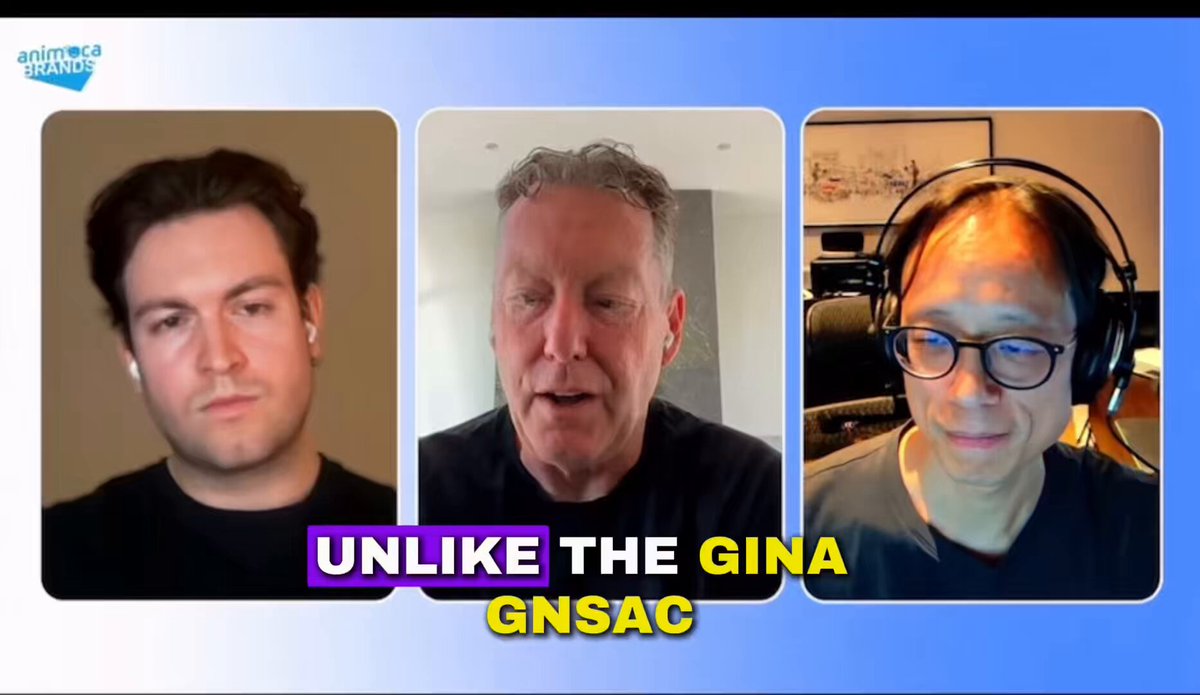 The image shows three men with headphones on their heads, each wearing a different colored shirt - black, gray, and blue. The text "Unlike the GINA Gn Sac" is displayed above them, which could be related to an event or discussion about stablecoins.