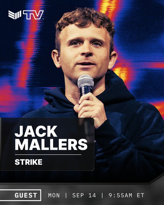 TV interview promo featuring Jack Mallers of Strike as a guest, airing Mon Sep 14 at 9:55AM ET, with the EVTV logo.