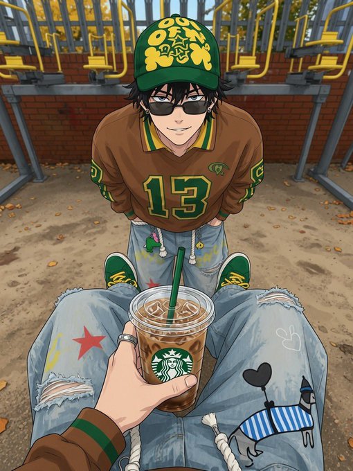 An anime-style illustration of a young man wearing a green cap, sunglasses, and a brown jersey with the number 13, sitting down as another hand offers him a Starbucks iced coffee.