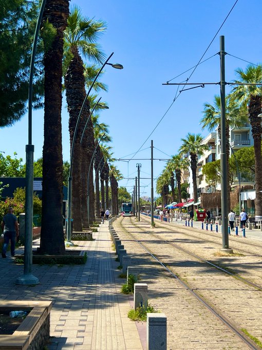 The image shows a street with palm trees lining both sides of the road, where people are walking along the sidewalk. There are also several benches placed throughout the scene for pedestrians to rest or enjoy the view. The photo appears to be taken during the day under clear skies, creating an inviting atmosphere for those strolling down the street.