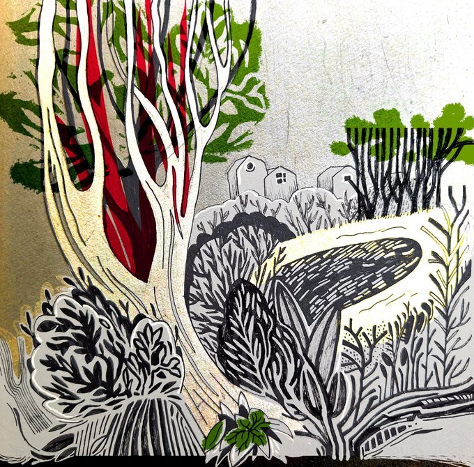 This appears to be an artistic mixed-media illustration featuring a stylized winter landscape with houses on a hillside, rendered in black linework with metallic gold leaf accents, lush green foliage, and striking red tree trunks on the left side. The artwork, likely titled "Resonance," is being celebrated in the post as it has just sold on the secondary market to collector @BilateralSound, with congratulations extended to @AnnasXechoes.