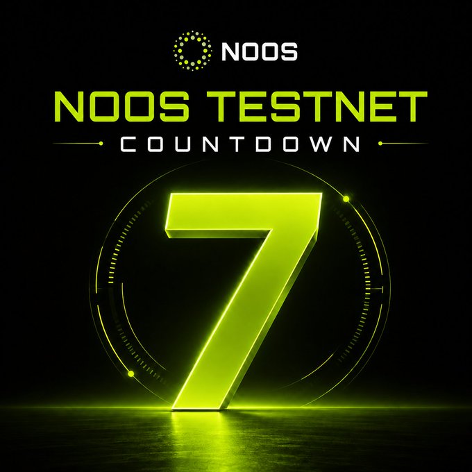 A neon-green "7" dominates this promotional image, advertising the "NOOS TESTNET COUNTDOWN" and featuring the Noos logo at the top. The countdown visual reinforces the post's announcement that the Noos testnet will end in 7 days on August 26, 2026, transitioning $tNOOS to $NOOS for the mainnet launch.